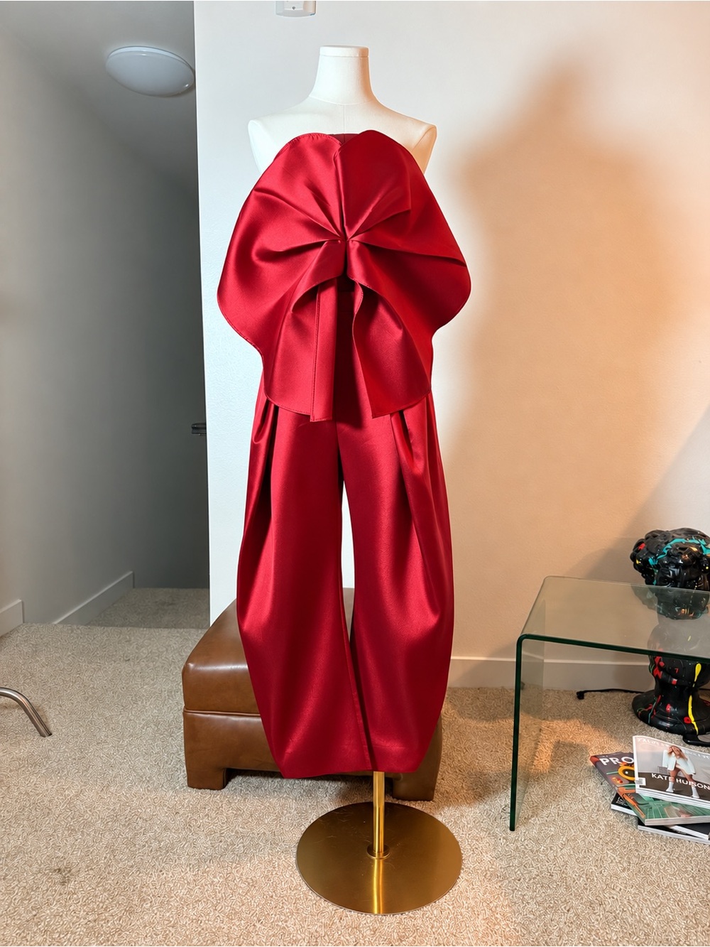 Strapless Red Satin Jumpsuit with Sculptural Bow Detail